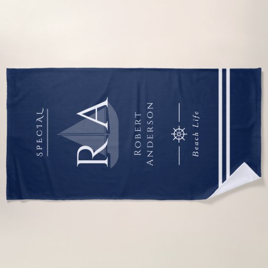 Serviette De Plage Marine Monogramme Nautique (Devant)