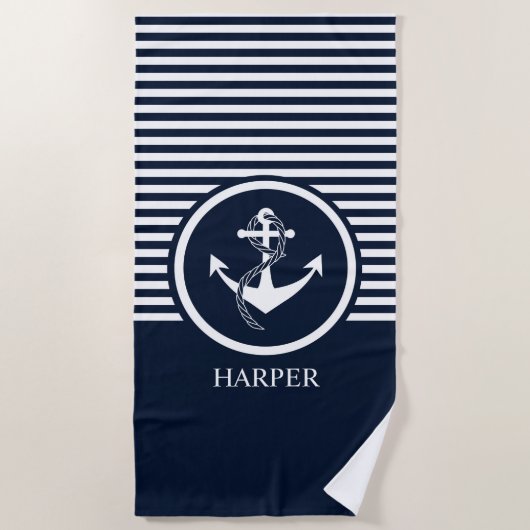 SERVIETTE DE PLAGE MARINE NAUTIQUE ET BLANC DE MONOGRAMME MODERNE (Devant)