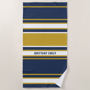 Serviette De Plage Marine White Gold Stripes Motif Personnalisé