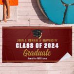 Serviette De Plage Maroon Gold Graduate Photo 2025 Graduation Party<br><div class="desc">Cette serviette de plage moderne marron et or coutume senior graduation party propose une typographie classe et votre nom de collège pour la classe de 2025 et les lettres Varsity blanches. Customisez avec votre nom de diplômé sous l'écriture chic manuscrite et le casquette noir pour un grand cadeau de souvenir....</div>