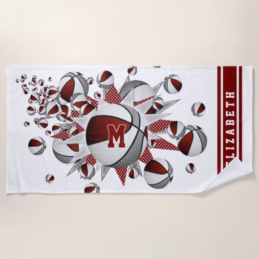 Serviette De Plage maroon gris basketballs stars filles monogrammed (Devant)