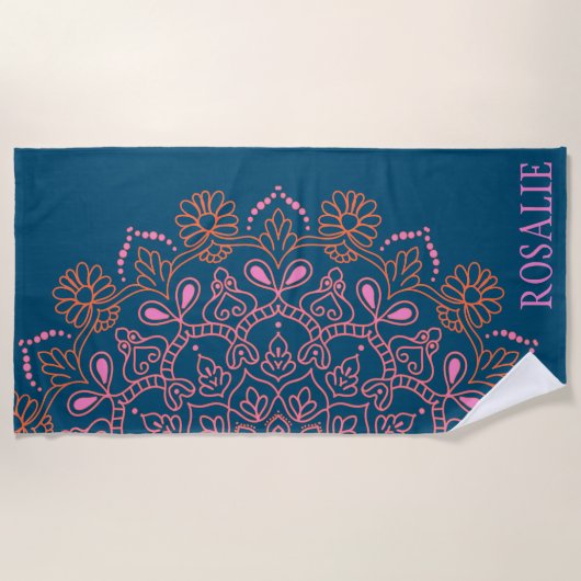 Serviette De Plage Médaillon Boho Mandala moderne en Turquoise Person (Devant)