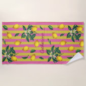 Serviette De Plage Mediterranean Vintage Lemons Pink Stripes Name (Devant)
