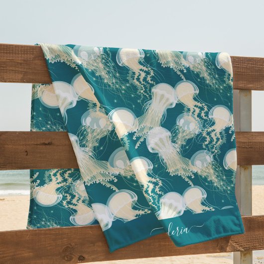 Serviette De Plage Méduse En Bleu Océan Été Saison Monogramme
