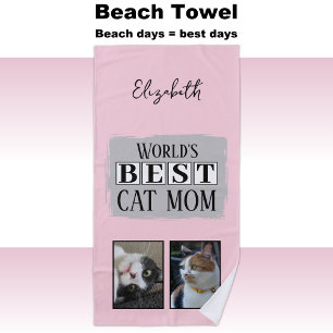Serviette De Plage Meilleur chat maman 2 photo nom rose gris