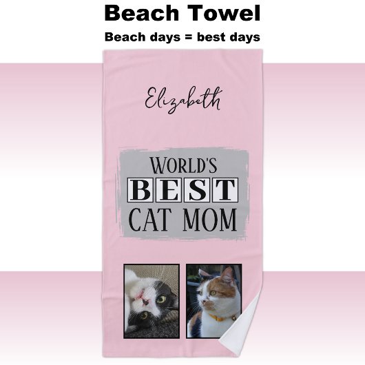 Serviette De Plage Meilleur chat maman 2 photo nom rose gris