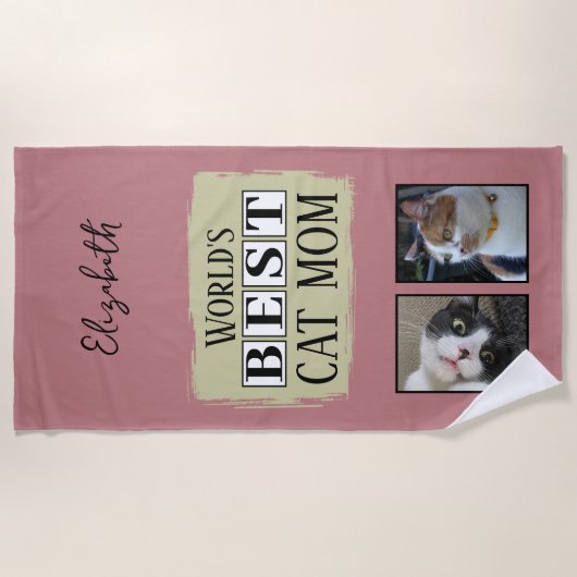 Serviette De Plage Meilleur chat maman 2 photo nom rose vert (Devant)