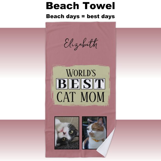 Serviette De Plage Meilleur chat maman 2 photo nom rose vert