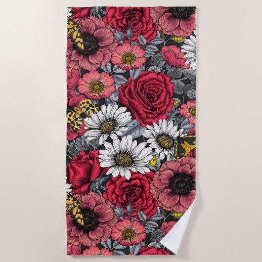 Serviette De Plage Mélange de fleurs en rouge et gris (Devant)
