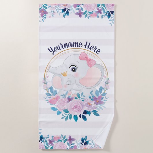 Serviette De Plage Mère et bébé Eléphant rose Fleur Flush Wreath (Devant)