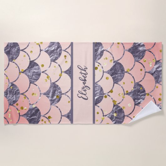 Serviette De Plage Mermaid écailles pêche rose nom pourpre (Devant)