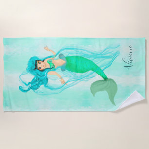 Serviette De Plage Mermaid Green Tail Girl Blue Monogramme