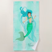 Serviette De Plage Mermaid Green Tail Girl Blue Monogramme (Devant)