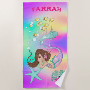 Serviette De Plage Mermaid mignon arc-en-ciel rose Starfish Cheveux f