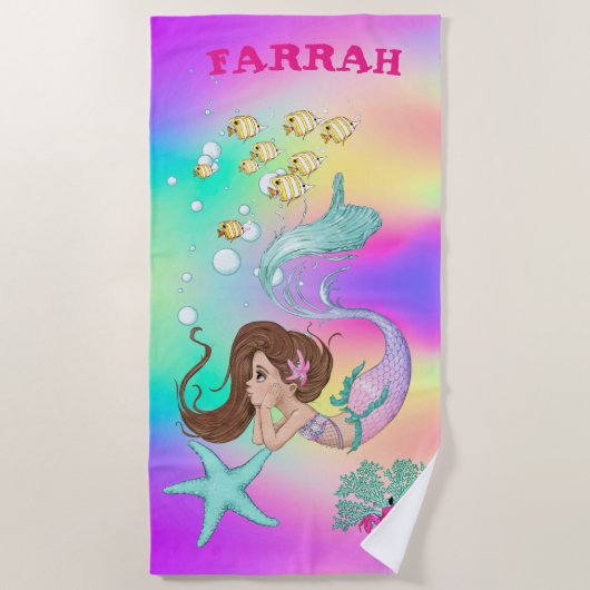 Serviette De Plage Mermaid mignon arc-en-ciel rose Starfish Cheveux f (Devant)