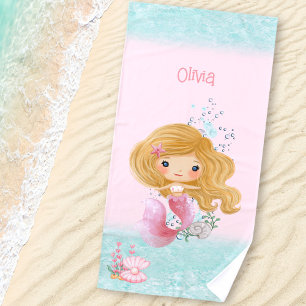 Serviette De Plage Mermaid Pink Blue Blond Cheveux Girl Nom Plage Ser