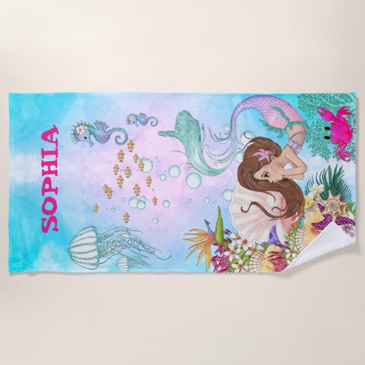 Serviette De Plage Mermaid Pink Blue Starfish Cute personnelle (Devant)
