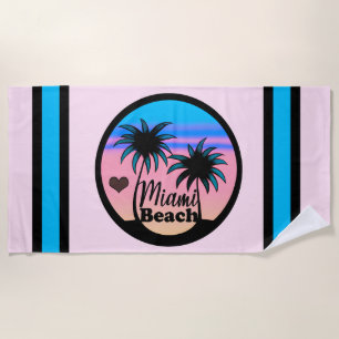 Serviette De Plage Miami Beach Bleu et Palmiers roses