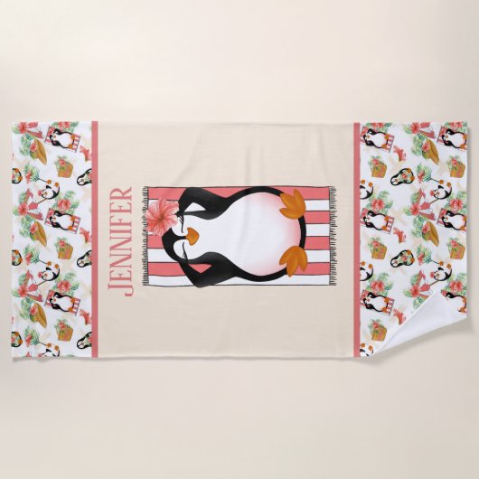 Serviette De Plage mignon pingouin de plage ajouter le nom Beach Towe (Devant)