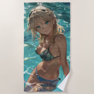 Serviette De Plage Mignonne fille anime dans une piscine