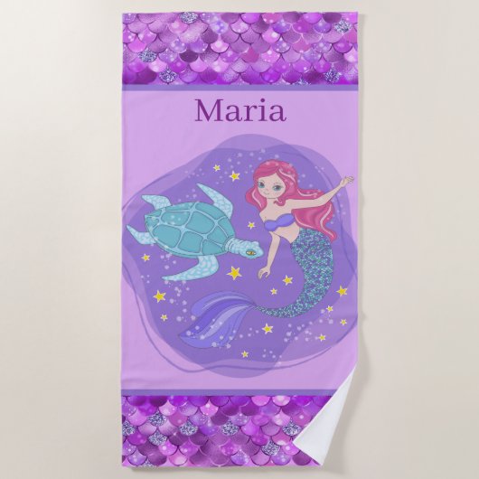 Serviette De Plage mignonne filles mermaid ajouter nom (Devant)