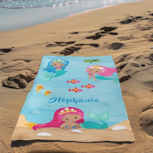 Serviette De Plage Mignonne sirène fille personnalisée sous la mer