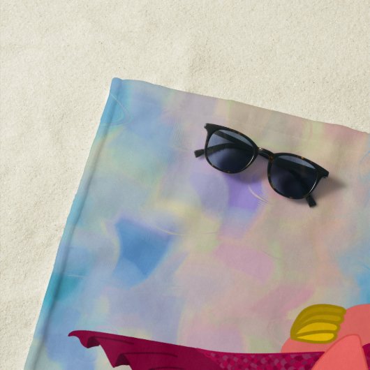 Serviette De Plage Mignonne sirène mauve personnalisée & Mermingo ros (En situation)