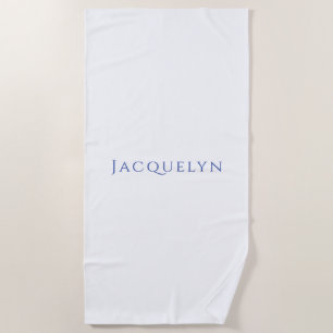 Serviette De Plage Minimaliste Blanc Bleu Élégant Moderne Nom