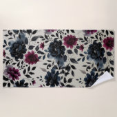 Serviette De Plage Minuit Bleu Bourgogne Inky Floral Almond Beige (Devant)
