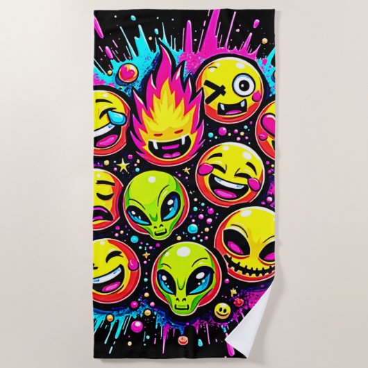 Serviette De Plage Mix Neon Funky Emoji (Devant)