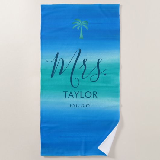 Serviette De Plage Mme Beach Ombre Océan Bleu Vert Mariage Cadeau (Devant)
