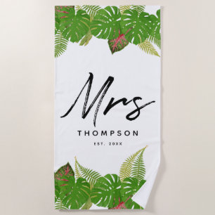 Serviette De Plage Mme Feuilles Tropicales Modernes Écriture Minimali