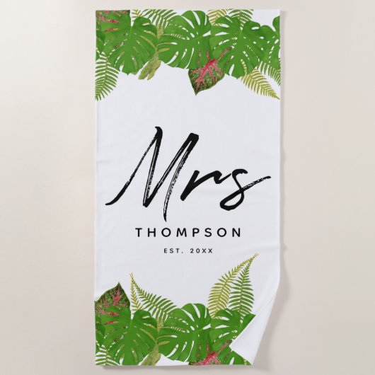 Serviette De Plage Mme Feuilles Tropicales Modernes Écriture Minimali (Devant)