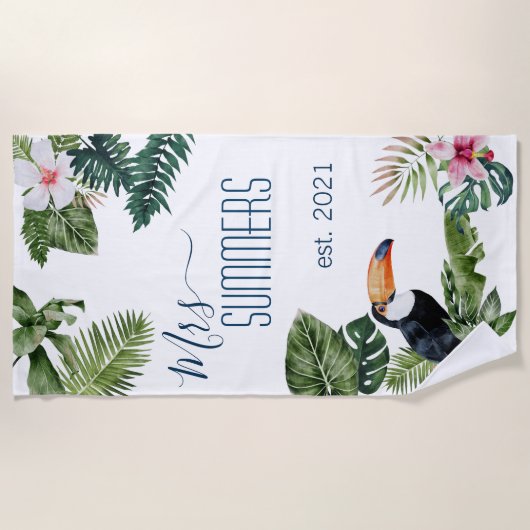 Serviette De Plage Mme. Mariée nouvellement mariée Monogramme Feuille (Devant)