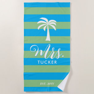 Serviette De Plage Mme. Palmier Plage Bleu Vert Cadeau de Mariage