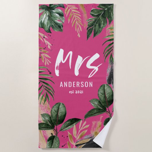 Serviette De Plage Mme typographie botanique tropicale girly rose (Devant)