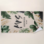 Serviette De Plage Mme typographie noire tropicale verte  (Devant)