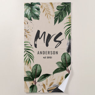 Serviette De Plage Mme typographie noire tropicale verte 