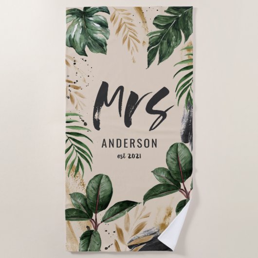 Serviette De Plage Mme typographie noire tropicale verte  (Devant)