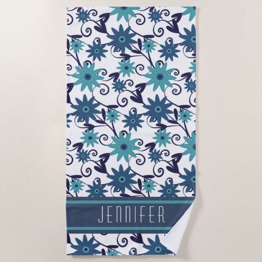 Serviette De Plage Modèle Floral Bleu Personnalisé (Devant)