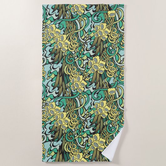 Serviette De Plage Modèle floral jaune et vert unique (Devant)