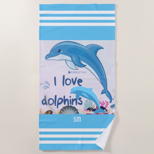 Serviette De Plage Modern & Cool I Love Dolphins Citations Nom (Devant)