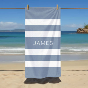 Serviette De Plage Modern Dusty Blue Striped Name