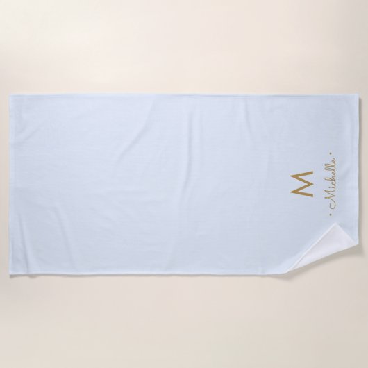 Serviette De Plage Modern Light Dusty Blue Gold Script Monogram (Devant)