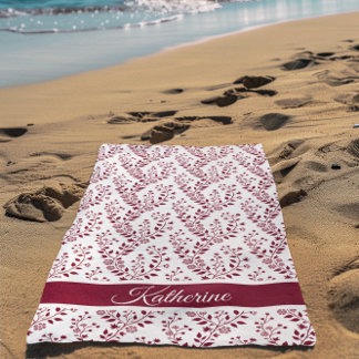 Serviette De Plage Modern Minimalist Burgundy Red White Floral Script