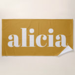 Serviette De Plage Modern Typography Personalized Name Mustard Yellow<br><div class="desc">A chic personalized design with a large lowercase name in bold white serif type on a warm earthy mustard yellow background. Clean, modern, and easy to spot at the pool or beach. Customize with any name for a simple look that feels classic and elevated. Great for vacations, lake days, swim...</div>