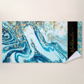 Serviette De Plage Moderne Bleu Or Chic Marbre Agate Monogramme Nom (Devant)