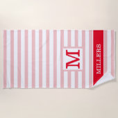 Serviette De Plage Moderne Cabana Rayée Rose Et Rouge Avec Monogramme (Devant)