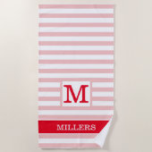 Serviette De Plage Moderne Cabana Rayée Rose Et Rouge Avec Monogramme (Devant)