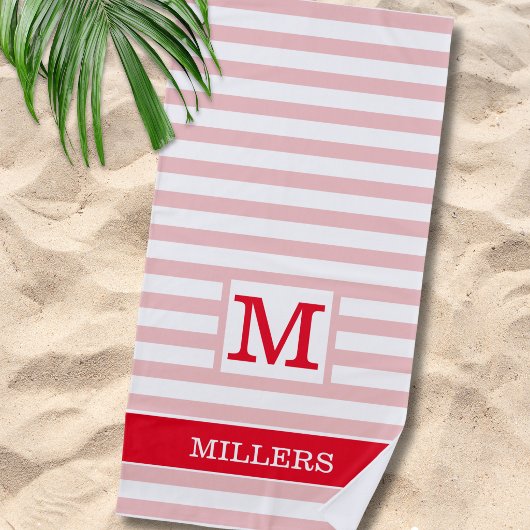Serviette De Plage Moderne Cabana Rayée Rose Et Rouge Avec Monogramme